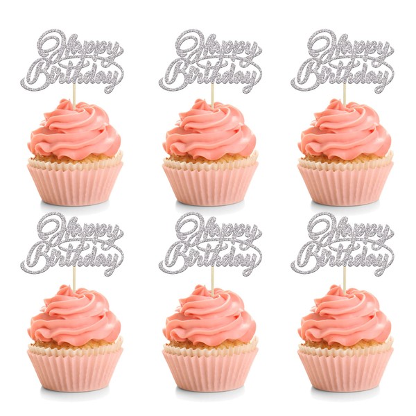 Paquete de 24 decoraciones para cupcakes de cumpleaños con purpurina para celebrar fiestas de cumpleaños, decoración de pasteles, suministros plateados