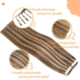 VINBAO Tape In Hair Extensions Human Hair Color Dark Brown #4 Highlights #27 Caramel Blonde Tape In Hair Extensions Real Human Hair Extensions Tape In Silky Straight 20pcs/50g(T18Inch, #4P27)