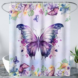 AILONEN Butterfly Shower Curtain for Bathroom, Purple Butterfly Bath Curtain Decor,Modern Printed Waterproof Shower Curtain with 12 Plastic Hooks (Kids/Girls/Women/Teen/) 72" W*78" H