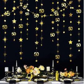 Gold 50th Circle Dot Star Garland Streamer Metallic Gold Paper 50 Sign Hanging Banner Bunting for Happy 50 Years Old Men Women Fifty & Fabulous Birthday 50th Anniversary Party Decorations Supplies
