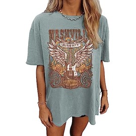 Nashville Music City T-Shirt Women Country Music Oversized Shirts Rock Band Tshirt Vintage Guitar Wings Graphic Tees(Green,XX-Large)