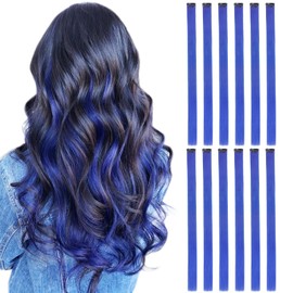 DOORES 22 Inch Colored Clip in Hair Extensions, 12 Pcs Blue Colored Hair Extensions Party Highlights Long Straight Hair Extensions for Girls Synthetic Straight Fashion Style Colorful Festival (Blue)