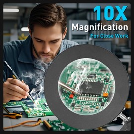 KUVRS 10X Magnifying Glass with Light and Stand, 3 Color Modes Stepless Dimming Magnifying Desk Lamp, Silicone Repair Mat & Gooseneck Helping Hands Soldering Magnifier for Hobby Craft Electronics