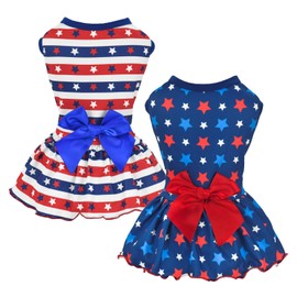 Vehomy 2-Pack 4th of July Dog Dress Independence Day Puppy Cat Dresses USA Flag Pet Clothes Costume Dog Stripes Stars Outfits Skirts for Small Medium Dogs L