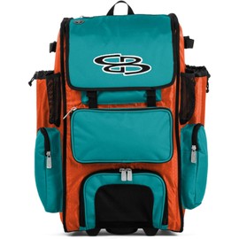 Boombah Rolling Superpack Baseball/Softball Gear Bag - 23-1/2" x 13-1/2" x 9-1/2" - BRSP2C23 Orange/Teal - Telescopic Handle - Holds 4 Bats - Wheeled Version
