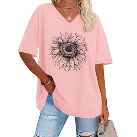 ADOREJOY Oversized Tshirts for Women V Neck Summer Short Sleeve Casual Loose Tunic Tees, Pink Black Sunflower, XL