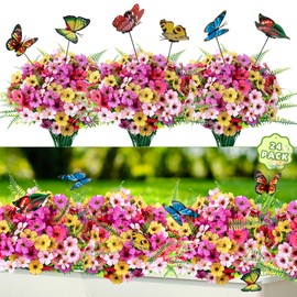 Artificial Flowers For Outdoors, 24 Bundles UV Resistant Fake Outdoor Flowers Faux Artificial Flower Plastic Plants for Outside Garden Porch Window Pot Spring Summer Home Decor (Multi Color-B, 24)