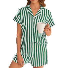 Ekouaer Womens Button Down Pajamas Set 2 Piece Sleepwear Short Sleeve Pjs Soft Stripe Lounge Sets
