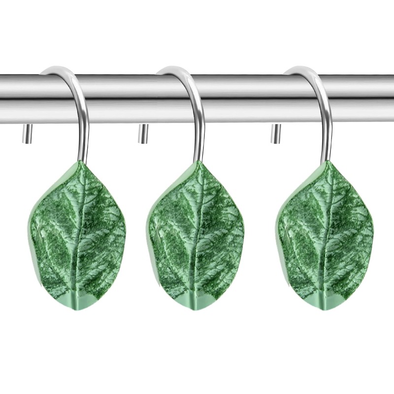 12PCS Leaves Shower Curtain Hooks, Green Plant Leaves Decorative Shower