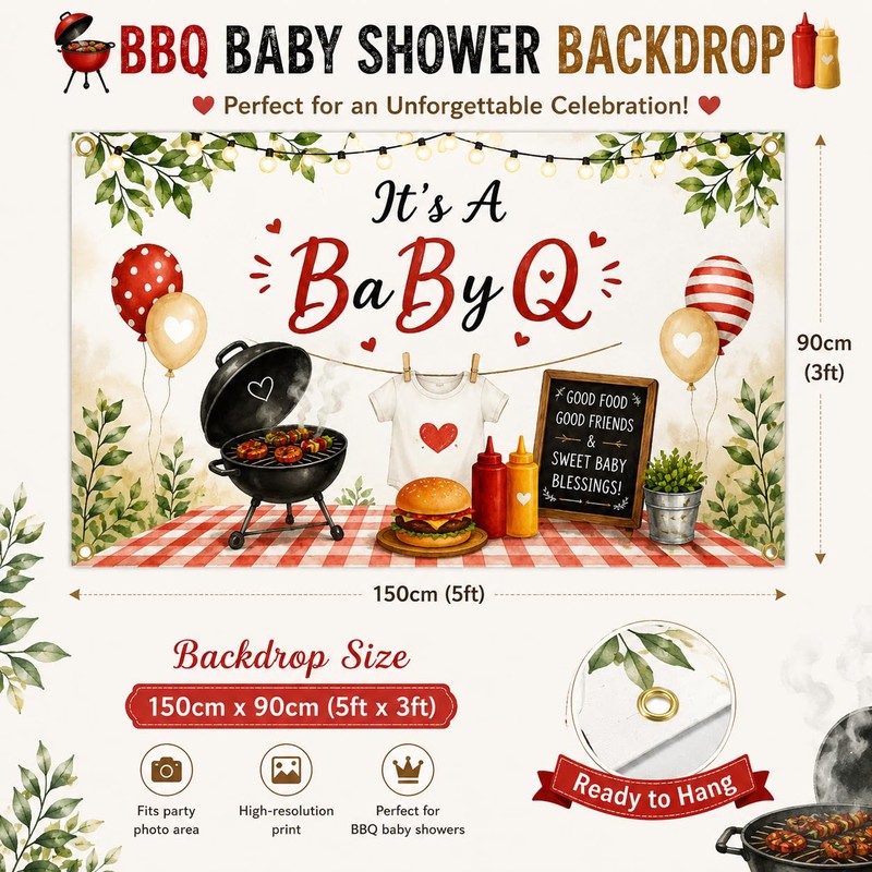 BBQ Baby Shower Backdrop Banner It's a Baby Q Baby