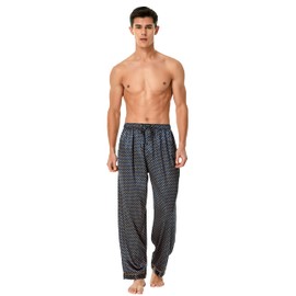 TONY AND CANDICE Men’s Satin Silk Pajama Pants Long PJ Bottoms, Lounge Sleep Pants with Pockets Pack (Black+Blue/Golden-2 Pack, Large)