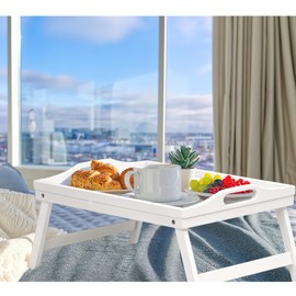 2 Pack Bed Tray Table Breakfast Trays Serving Tray Bamboo Bed Laptap with Floding Legs Handles and Phone Holders