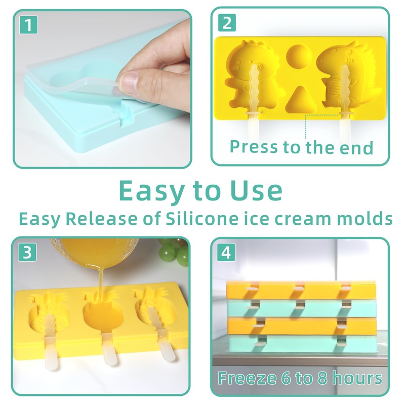 Kids Cartoon Popsicle Molds - 4 Pack, 10-Cavity Food-Grade Silicone