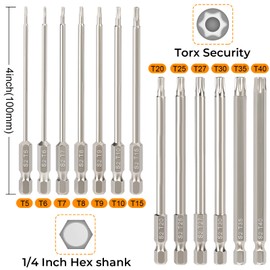 Torx Bit Set Hakkin 13Pcs 100mm Tamper Proof Security Torx Bits Premium S2 Steel 1/4” Hex Shank Magnetic Torx Screwdriver Bits for Power Impact Driver T5 T6 T7 T8 T9 T10 T15 T20 T25 T27 T30 T35 T40