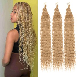 Samtress 3 Packs Ocean Wave Crochet Hair Honey Blonde Long Wavy Braiding Hair Synthetic for Women 24 Inch Deep Wave Crochet Hair for Boho Braids Hair Extensions (#27)