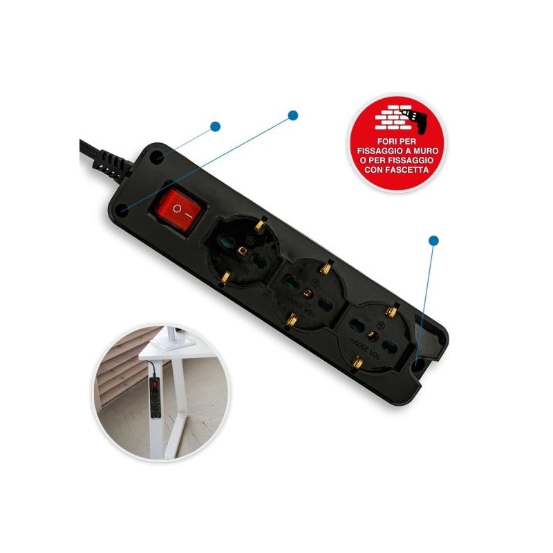 9-way power strip: 3 Schuko sockets + 6 two-value sockets