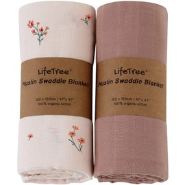 LifeTree Baby Muslin Swaddle Blanket Cloths - Pack of 2 120 x 120 cm Organic Cotton Baby Swaddling Cloths for Boys and Girls
