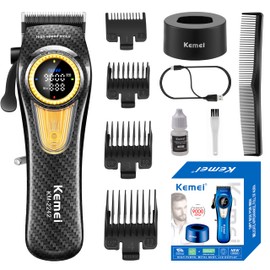 KEMEI 2242 Professional Hair Clippers for Men, Cordless Barber Clipper with LED Display & Charging Base, Hair Cutting Tools, 9000 RPM Super Torque Motor, Black