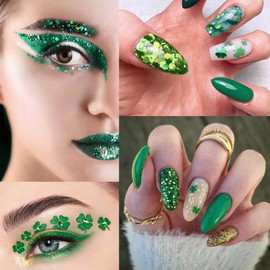 12 Grids St. Patrick's Day Nail Glitter Sequins Shamrock Nail Art Stickers 3D Holographic Laser Shamrock Glitter Flakes Irish Nail Stickers Glitter Nail Charms Supplies for Acrylic Nail Art DIY Decor