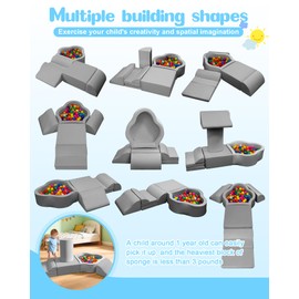 Markdang Soft Play Set, Baby Foam Climbing Blocks with Anti-Slip Particles Bottom & Velcro Connectors for Toddlers 6-12 Months, High-Density Foam & Washable Cover for Motor Skills Development (Grey)