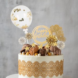 Beaface Beaface 13 PCS Birthday Cake Toppers Set, Gold Cake Decorations Happy Birthday Cake Topper, Sequins Balloon Paper Fans Stars Acrylic Cake Toppers for Birthday Party Cake Decor (Gold)