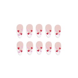 SINHOT Valentines Day Press on Nails Medium Almond Fake Nails Glossy Glue on Nails Red Glitter Love Heart Acrylic Nails Stiletto Artificial Nails White French Tip False Nails with Design 24 pcs