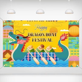 Printspree Happy Dragon Boat Festival Banner, 70.8x43.3 Inch, Polyester, Yellow Design with Dragon Boat, Zongzi, and Traditional Chinese Patterns