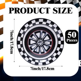 NUMONE 50 Pieces Race Car Party Tableware Paper Plates, 7-Inch Race Car Paper Plates, Black And White Racing Flag Party Tableware for Birthday, Picnic