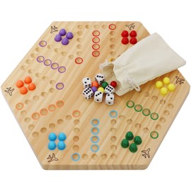 HOROW Wahoo Board Game Wooden Original Board Game Classic 2 Side Painted Fast Track Game for 4 Player and 6 Player with 30 Marbles,6 Dices for Family Game Night(6large,Log)