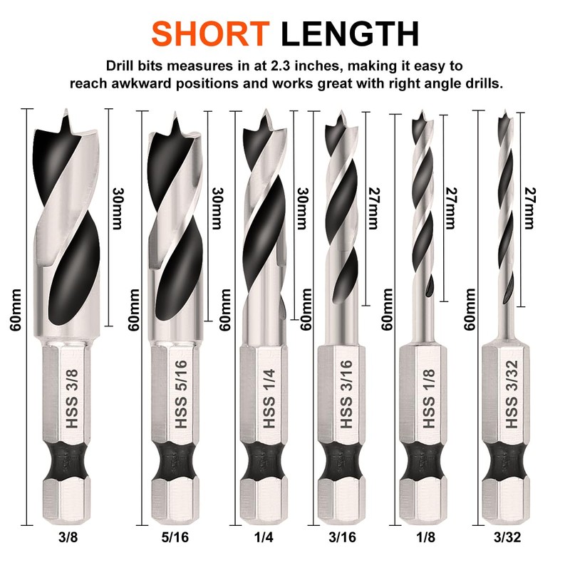 COMOWARE Brad Point Stubby Drill Bit Set for Wood, Short