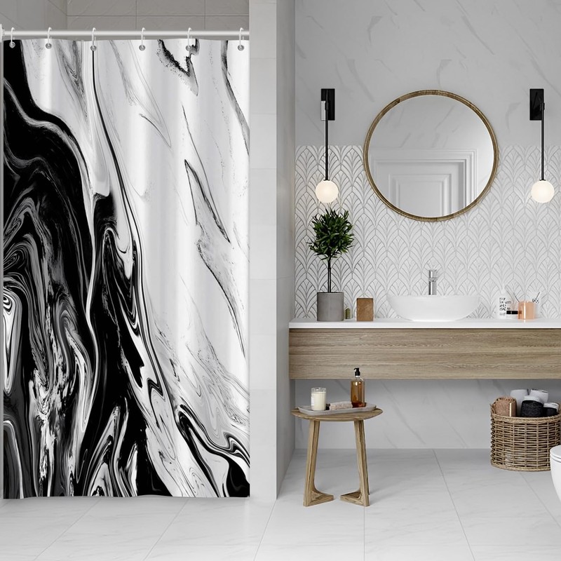 Ruelvth Black and White Shower Curtain, Modern Abstract Black Marble