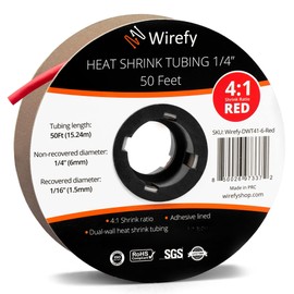 Wirefy 1/4" Heat Shrink Tubing - 4:1 Ratio - Adhesive Lined - Resistant Heat Shrink - 50 Feet Roll - Red