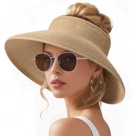 Sun Visors Hats for Women, Fashionable Straw Beach Hat with Wide Brim, Sun Hat UPF 50+ UV Protection, Roll-Up Ponytail Straw Summer Hat Foldable Travel, Khaki+Beige