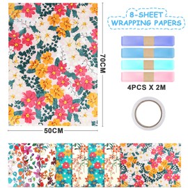 Pack of 8 Children's Gift Wrapping Paper, Flowers, Birthday Gift Wrapping Paper, Children's Birthday Set with Bow and Tape, Gift Wrap for Girls, Gift Wrap Boy (50 x 70 cm)