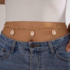 Iaceble Vintage Cowrie Shell Waist Chain Shell Dangle Belly Chain Gold Seashell Body Chain Cowrie Stomach Chain Summer Bikini Waist Body Chain Jewelry for Women