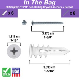 TOGGLER SnapSkru SPM Mini Self-Drilling Drywall Anchor with Screws, Glass-Filled Nylon, Made in US, for #6 to #8 Fastener Sizes (Pack of 6)