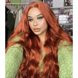 RainaHair 24inch Copper Red Long Water Wave Cosplay Women Wigs Orange Synthetic Lace Front Wigs Natural Looking Heat Resistant Fiber Hair for Ladies Party