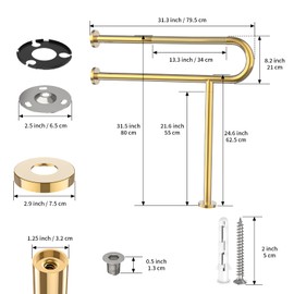 Toilet Grab Bar 31.3 Inch, YuanDe Grab Bar Toilet Wall Mount, Brushed Gold Anti-Slip Toilet Support Bars, Stainless Steel Knurled Handicap Grab Bar with Leg, Toilet Handles for Elderly and Disabled