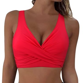 Firpearl Women Underwire Full Coverage Bikini Top Only Criss Cross Push Up Swim Crop Top Tie Back Bathing Suit, Red, 10-12
