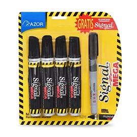 AZOR - Marcadores Permanentes, Plumones Indelebles, Color Negro, 4 Piezas, Signal Mega, Punta Extragrande 6mm, Secado Rapido y Resistente Al Agua, Incluye Marcador De Regalo, 301.1504NE