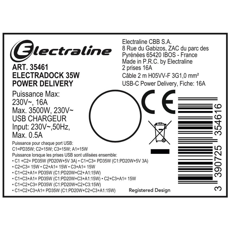 Electraline Electradock 35461 Power Strip with 2 French Sockets +
