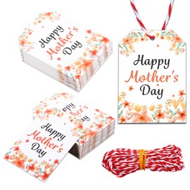 50 Pcs Mothers Day Gift Tags, Mothers Day Mom Gift Wrapping Accessories, Bulk Mothers Day Gifts, Holiday Labels for Mom Day Tag Bulk, Floral Happy Mother's Day Hanging Paper Tags with String