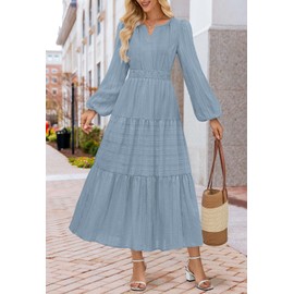 MEROKEETY Women's 2025 Fall Puff Long Sleeve Maxi Dress Casual V Neck Elastic Waist Tiered Boho Cotton Dresses with Pockets, Dustyblue, Medium