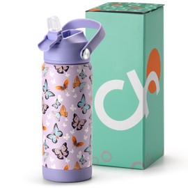 Choco Mocha Children's Water Bottle with Straw for Girls, Thermos Flask Children, Water Bottles for School 500 ml, Leak-Proof, BPA-Free, Purple Butterfly