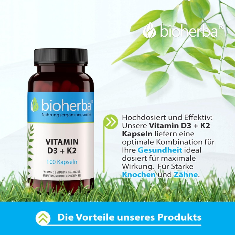 Vitamin D3 K2-100 Kapseln von BIOHERBA | Hochdosiertes Supplement für