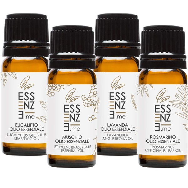 Essence Kit Set of 4 Essential Oils 100% Pure Natural 10 ml Lavender Rosemary Musk Eucalyptus Essential Oil for Aromatherapy Environment Diffusers. Checked and Packaged in Italy