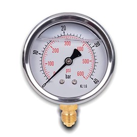 Glycerine Pressure Gauge with Radial Connection, IP65 Stainless Steel 63 mm with Lower Connection, 1/4 Glycerine (0-40 bar)