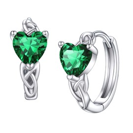 Bestyle Small Cute Heart May Emerald Birthstone Hoop Earrings Women Celtic Knot Hoops with Green Emerald Crystals Sparkling Ear Jewelry for Birthday/Party/Anniversary/Wedding