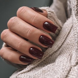 SXVME Brown False Nails Medium Short Square, Press on Nails Medium Glossy Gel Full Cover Fake Nails Solid Color Acrylic Nails Natural Fit Reusable Stick on Nails for Women Daily Wear, in 24 Pcs