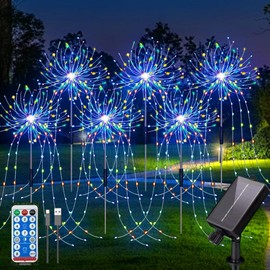 YZYOE 6 Pack 720 LED Outdoor Solar Ground Inserted Colorful Fireworks Lights with Remote Control, Waterproof Solar&USB Powered Courtyard Atmosphere Decorative Lights,8 Modes DIY Path Light.